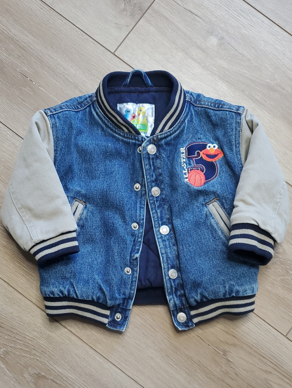 Vintage 90's Sesame Street Kids Blue Denim Varsity Jacket Toddler 12-18 Months